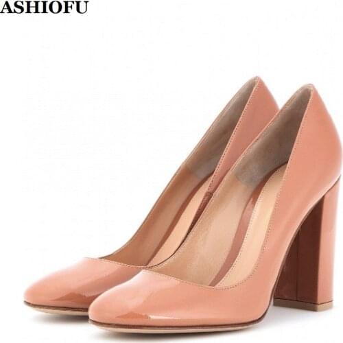 ASHIOFU Hot Sale Handmade Ladies Chunky Heel Pumps Office&Career Dress Shoes Slip-on Large Size Evening Club Fashion Court Shoes