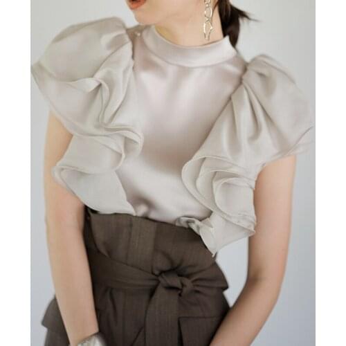 Stand Collar Chic Ruffles Patchwork Design Blouses Elegant Fashion Ol Solid Blouses 2021 New Arrivals Aesthetic Women Tops