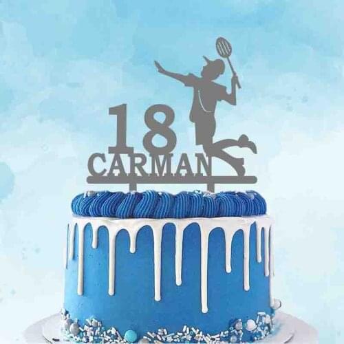 Custom Name Age Man Playing Badminton Silhouette Cake Topper For Badminton Player Birthday Party Cake Decoration