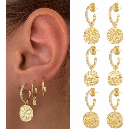 ISUEVA Boho Style 18K Gold Filled CZ Patterned Bird Flower Coin Cubic Zircon Drop Stud Earrings For Women Fashion Gift Jewelry