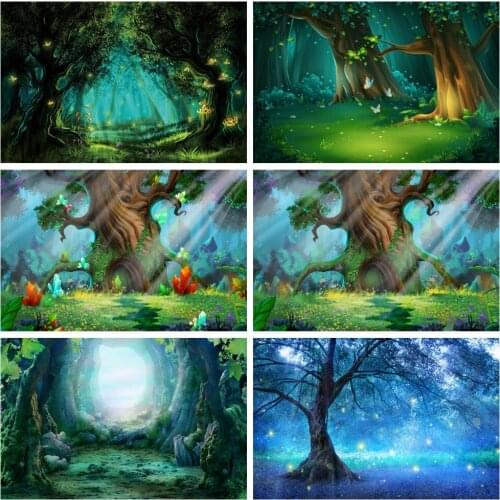 Laeacco Fairytale Old Tree Forest Shiny Star Green Grass Dreamy Child Scenic Photographic Background Photo Backdrop Photo Studio