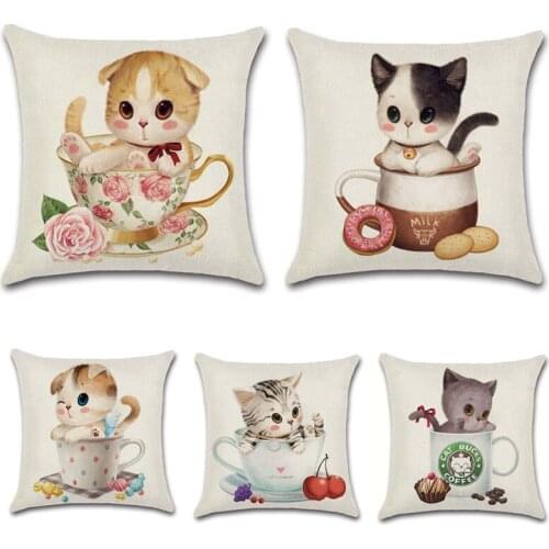 Cute Cat in the cup cartoon pillowcase Decorative home sofa cushion cover Children gift factory dropshipping custom pillow case