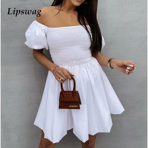 Fashion Sexy Slash Neck Off Shoulder Dress Women Elegant Solid Puff Sleeve Lady Party Dress Summer Backless Draped Mini Dresses
