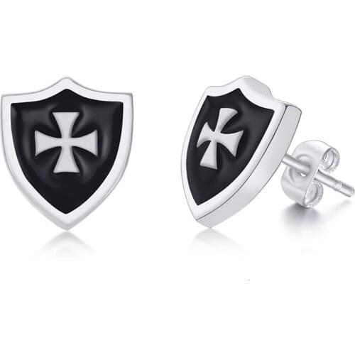 Hip Hop Knight Templar Cross Shield Earring Gold Silver Color Stainless Steel Men Stud Earring Jewelry