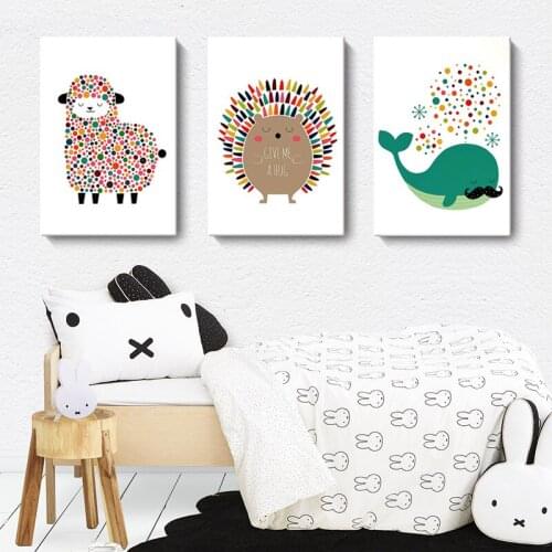 Nordic Cartoon Animal Wall Art Canvas Painting Whale Hedgehog Lamb Modern Simple Hanging Picture Print Childrens Room Decor