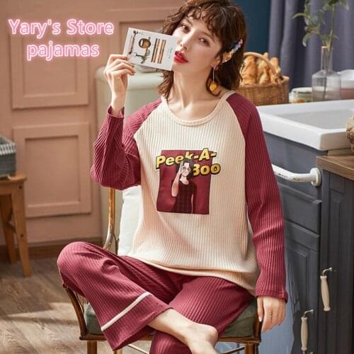 Women Pajama Female Spring and Autumn Long Sleeve Pure Cotton Korean Version Loose Home Wear Female Sweet Round Neck Suit