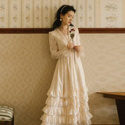 Early Spring French Ladies Elegant Retro White V-neck Long Sleeve Dress Bowknot Cascading Ruffled Ankle Length Party Dress Y887