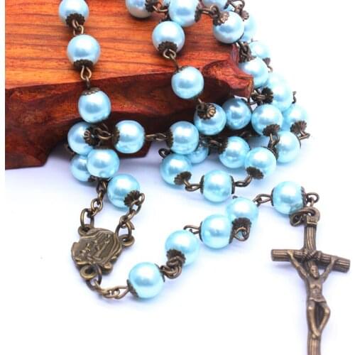 Blue Bronze Color Glass Bead Rosary Beaded Necklace Jesus Cross Pendant Necklace for Women Religious Catholic Jewelry Gifts