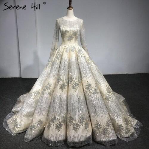 Serene Hill Champagne Silver Luxury Beaded Glittery Wedding Dress 2021 O-Neck Long Sleeves For Muslim Women Bridal Gown CHA2095