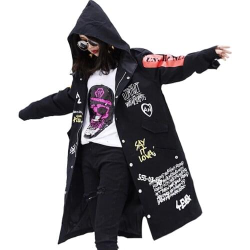 Spring Streetwear Harajuku Dovetail Hooded Trench Coat for Women Casual Graffiti Print Windbreaker Hip Hop Frock Outwear
