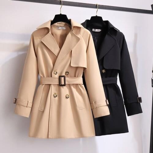 Ailegogo Spring Autumn Women Double Breasted Khaki Trench Coat with Belt Streetwear Female Lapel Loose Outwear Black Windbreaker