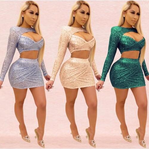 Solid Sequined Sexy Two Piece Sets Women Long Sleee Back Hollow Out Top and Mini Skirt Two Piece Set 2020 Night Club Tracksuits