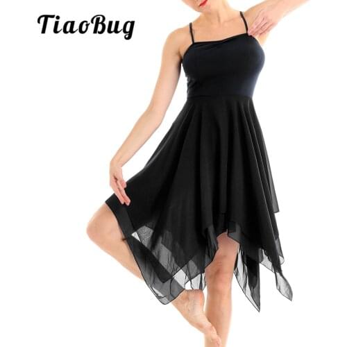 Ladies Dance Dress Sleeveless Chiffon Spaghetti Straps Asymmetrical Ballet Latin Rumba Tango Dress Ballroom Dancewear