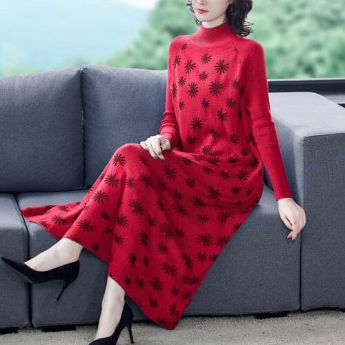 2020 New Autumn Winter Women Slim Knitted Base Long Dress Korean Fashion Flowers Turtleneck Sweater Dress
