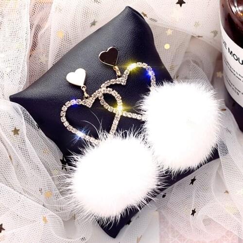 Winter mink Pompon Ball Earrings long love Earrings Crystal temperament personality Dangle Earrings bijoux