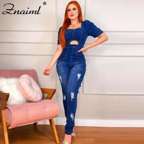 Znaiml Summer Short Sleeve Overalls Playsuit Fashion Square Neck Office Lady Jumpsuit Women Casual Zip Ripped Hole Pants Romper
