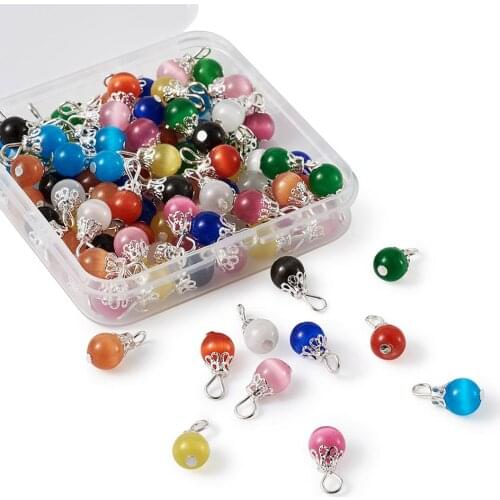 100pc Mixed Color Cat Eye Pendants Round Dangle Charms Pendant with Iron Findings for DIY Necklace Bracelet Jewelry Craft Making