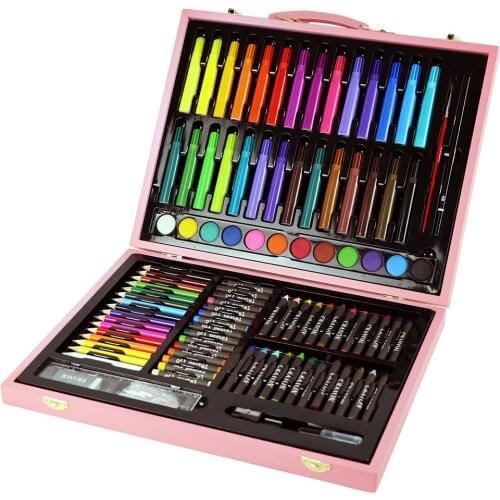 132pcs/set Deluxe Wood Art Set for Kids in Wooden Case Children Students Art Supplies Oil Painting Stick Paint Brush(blue