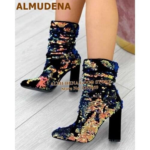 ALMUDENA Bling Bling Sequined Short Boots Chunky Heel Multi-color Paillette Ankle Boots Shining Wedding Shoes Celebrity Pumps