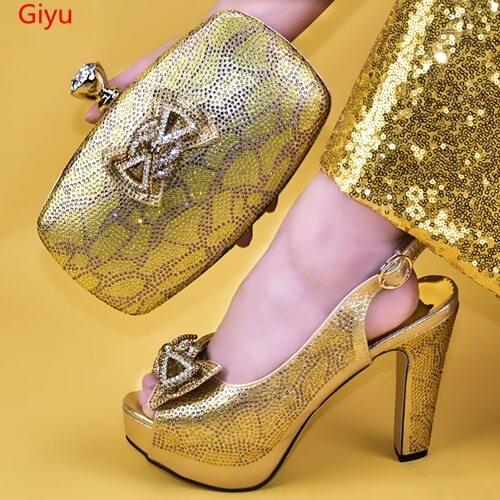 Doershow new Shoes and Bag Set African Sets 2019 gold Color Italian Shoe Bag Set Decorated with Rhinestone High Quality! SYY1-6