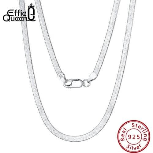 Effie Queen Over Size Genuine 925 Sterling Silver Italian Solid 3mm Flexible Flat Herringbone Chain Necklace for Men Women SC35