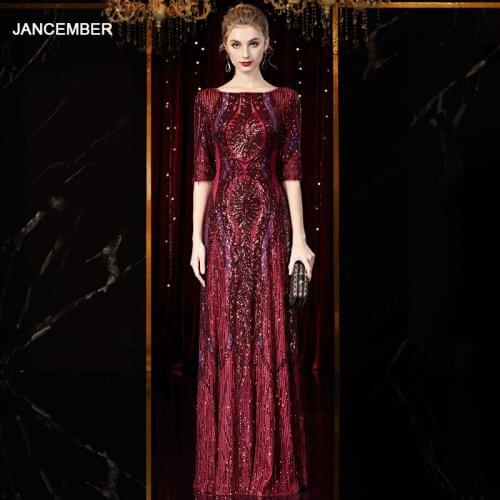 J2003 jancember red long evening dresses o-neck half sleeve pattern sequin formal dress for teenagers vestido de noiva foto real