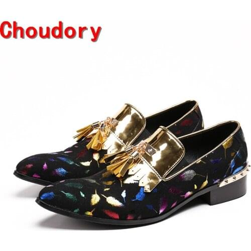 Choudory mens italian leather shoes classic gold tassel dress shoes men slipon velvet black spiked loafers elegant prom shoes