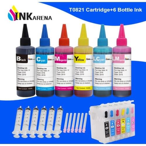 INKARENA 6 Color T0821 Printer Ink Cartridges + 600ml Ink Refill Kits For Epson Stylus TX650 TX659 700W 710W 800FW 810FW