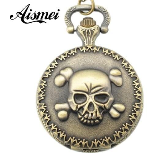 Wholesale buyer price good quality girl woman lady fashion vintage bronze skull pocket watch necklace hour