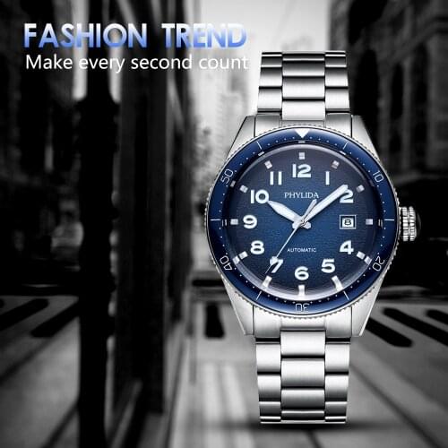 PHYLIDA 2021 New Luxury Business Sport Mechanical Blue Relogio Quartz Wrist Watch Automatic Water-proof Stainless Steel Water-pr