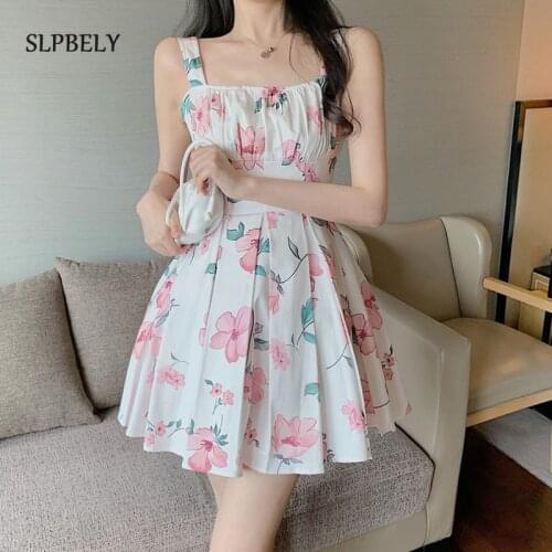 SLPBELY Sweet Sling Mini Dress For Women Summer Floral Spaghetti Strap Sleeveless Ruffle Dress Korean Cute Vacation Party Dress