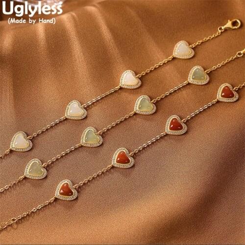 Uglyless 10MM MINI Heart Studs Earrings Bracelets for Women Agate Jade LOVE Gifts Sweet Jewelry Sets for Girl 925 Silver Earring
