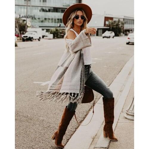 Knit Fringed Cardigan Autumn Drop Shoulder Long Cardigans knitted jumper Fashion Warm sweater women cardigan plaid cardigan