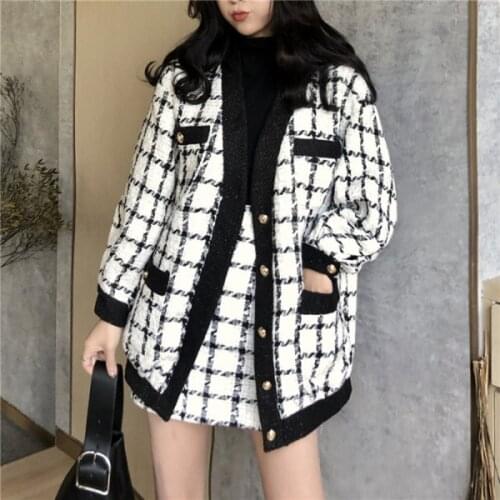 2019 New Autumn winter Runway Plaid Tweed 2 Piece Set Women White Single-breasted casual Jacket Coat +Mini Wool Blend Skirt Suit