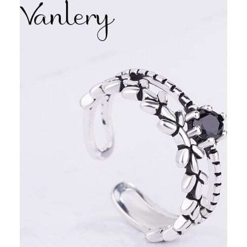 Wholesale Antique Silver Color Black Leaf Crystal Rings For Women Statement Jewelry Finger Ring anillos mujer bijoux