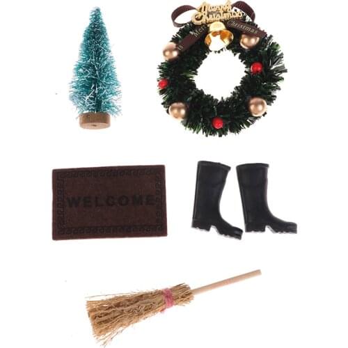5pcs/set 1/6 1/12 Dollhouse Christmas Boots Tree Wreath Pine Santa Claus carpet Broom Dollhouse Miniature Accessories New