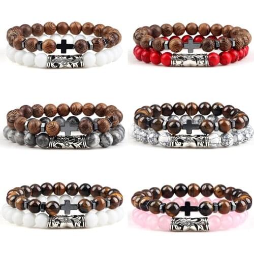 Tiger Eye Wooden Beads Bracelets&Bangles 2Pcs/Set Turquoises Natural Stone Beaded Bracelet Elastic Rope Hematite Cross Jewelry