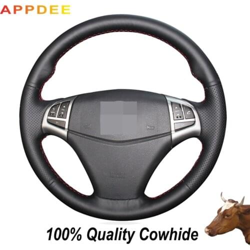 APPDEE Hand-stitched Black Genuine Leather Steering Wheel Cover for Ssangyong Korando 2011-2014