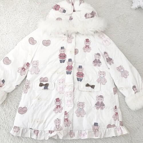 Bear Doll Print Cute Womens Winter Long Coat Fur Hat Hooded Warm Parka Outwear Jacket Big Pockets Loose Lolita Style White