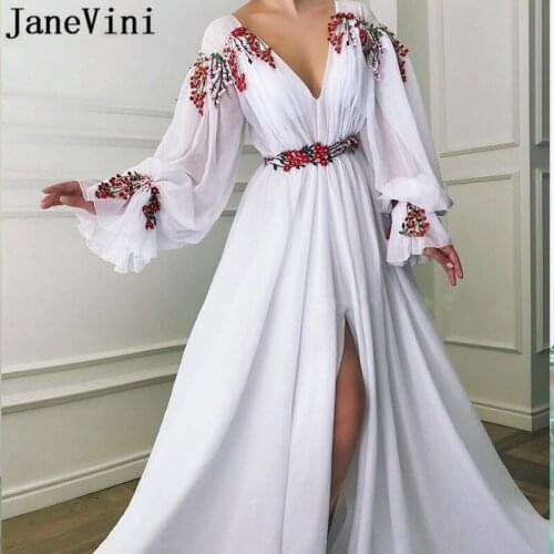 JaneVini 2020 Stylish White Evening Dresses with Embroidery Long Sleeves Sexy V Neck Leg Split Arab Women Prom Formal Party Gown
