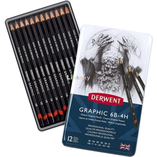Lapis Graduado Derwent Graphic 12 Graduacoes Medium 6B-4H,Graphic Drawing Pencils, Medium, Metal Tin, 12 Count (34214)