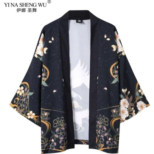 Japanese Style Crane Print Samurai Kimono Streetwear Men Women Cardigan Japan Harajuku Robe Clothes Beach Kimono Shirt Blouse
