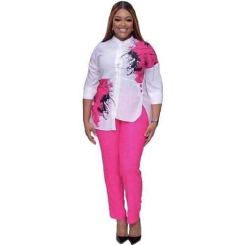 African New Womens Fashion Print Nigeria Split Irregular Button Three-Quarter Sleeve Shirt + Trousers Commuter Two-Piece Suit