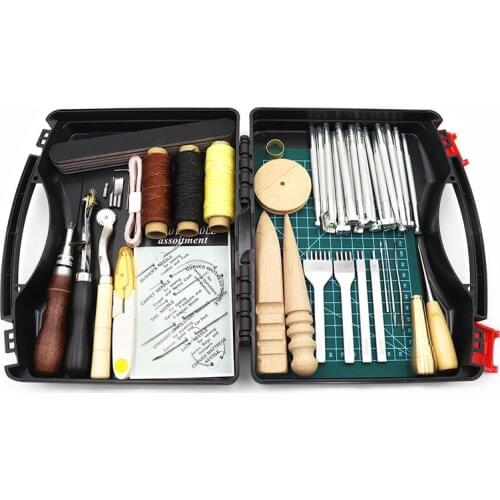 Leather Edge Creaser, Stitching Groover, DIY Hole Punch, Sewing Awls, Black Storage Box, PVC Cutting Mat, Leather Making Tools