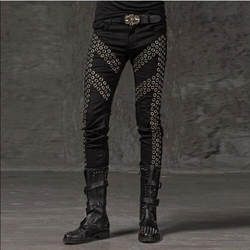 Hot Mens Trousers Winter Personality Slim Punk Stretch Rivet Pants Rock Singer Feet Pants Stage Personality Singer Full Length