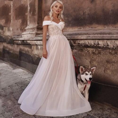 Sweetheart Off Shoulder Sequined Applique Lace Button Shiny Layer Tulle A-Line Wedding Dress 2021 Vestido De Noiva Bridal Gown