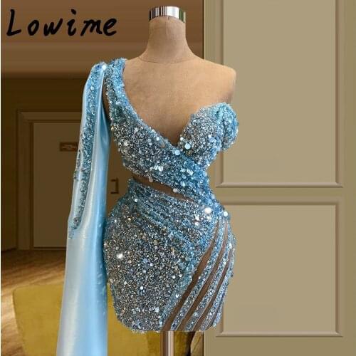 Fashion Blue Knee Length Cocktail Dress Newest Sexy Sequins Beading Prom Party Gwons Vestido Women Party Night Gown