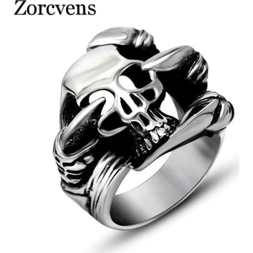 ZORCVENS Cool Punk Stainless Steel Rings For Men Trendy Smooth Polishing Big Skull Ring Punk Biker Jewelry