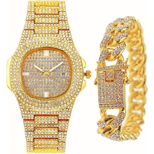 Fashion Charm Bangle Bracelet and Watch for Men Women Luxury Iced Out Watch Cuban Chain Big Gold Jewelry Mens Bracelet Set Gifts