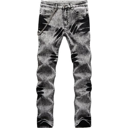 Mens Tie and Dyed Snows Washed Gray Black Jeans with Chain Streetwear Hip Hop Slim Straight Denim Pants